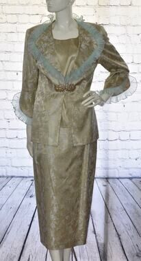 Lily & Taylor Formal Church 3pc Skirt Suit Vibrant Gold/Green Raw Silk Size 8